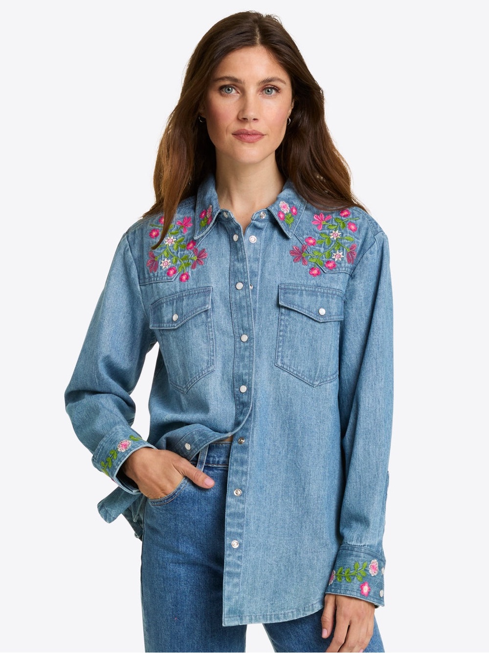 DRAPER JAMES Lynn Embroidered Cotton Denim Snap Front Shirt | Large